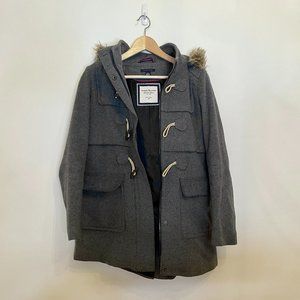 Grey Duffle Coat With Faux Fur Trimmed Hood